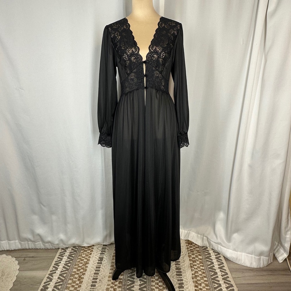 Vintage Shadowline Black Lace Peignoir Robe Nightgown Size S Long Sheer 90s